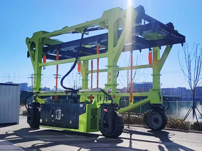 Green Ruiding straddle carrier in an outdoor handling area